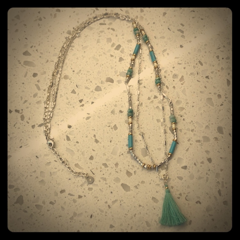 Stella and dot long silver and turquoise necklace